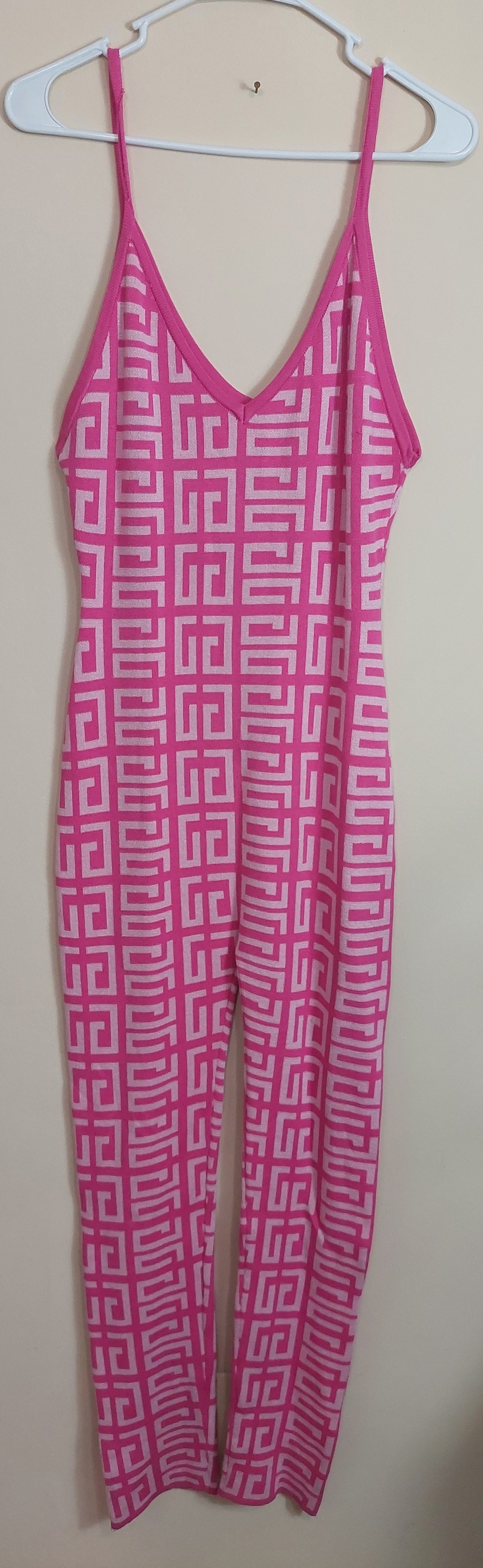 3 18 Runway 7 S Sleeveless Jumpsuit Pink & White Geometric Print Wide Leg Jumpsuit Stretch Knit Resort Lounge Style
