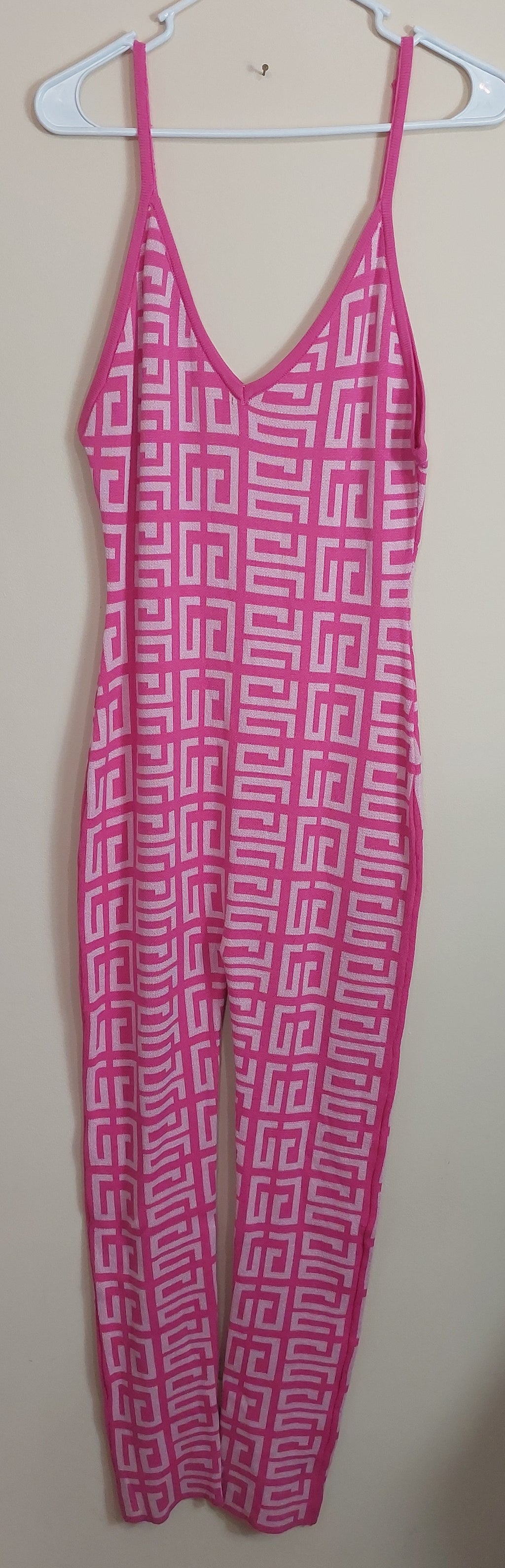 3 18 Runway 7 S Sleeveless Jumpsuit Pink & White Geometric Print Wide Leg Jumpsuit Stretch Knit Resort Lounge Style