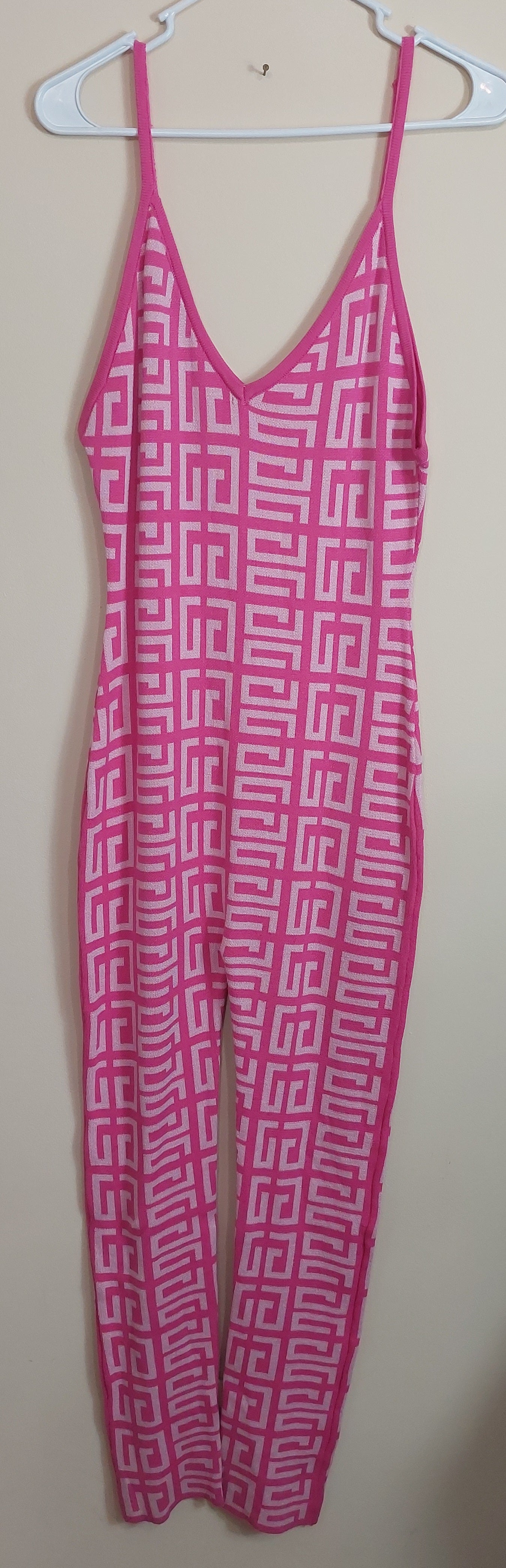 3 18 Runway 7 S Sleeveless Jumpsuit Pink & White Geometric Print Wide Leg Jumpsuit Stretch Knit Resort Lounge Style