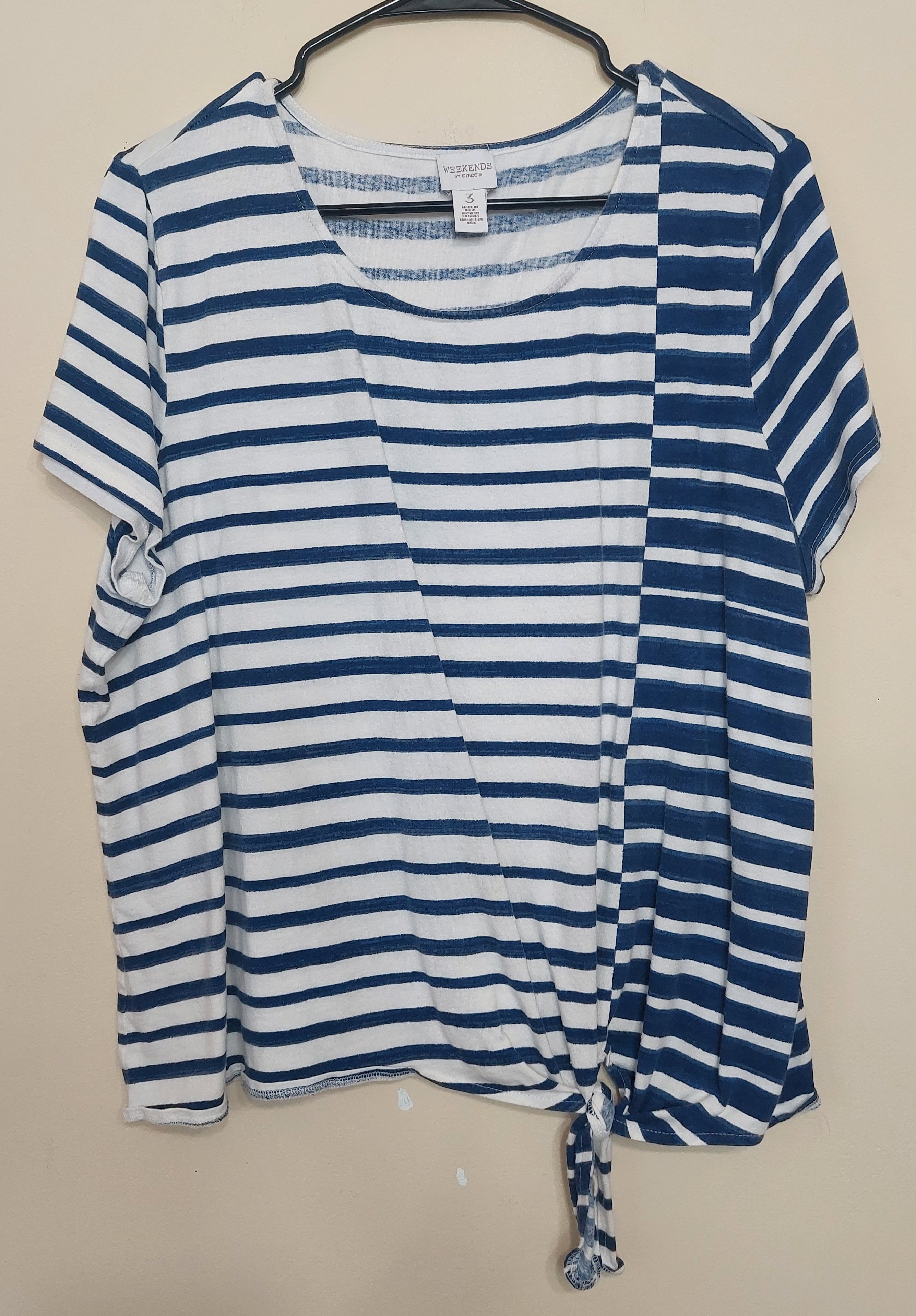 8 10 Weekends by Chico's Size XL 3 Blue White Striped Tie Front Knit Top Short Sleeve