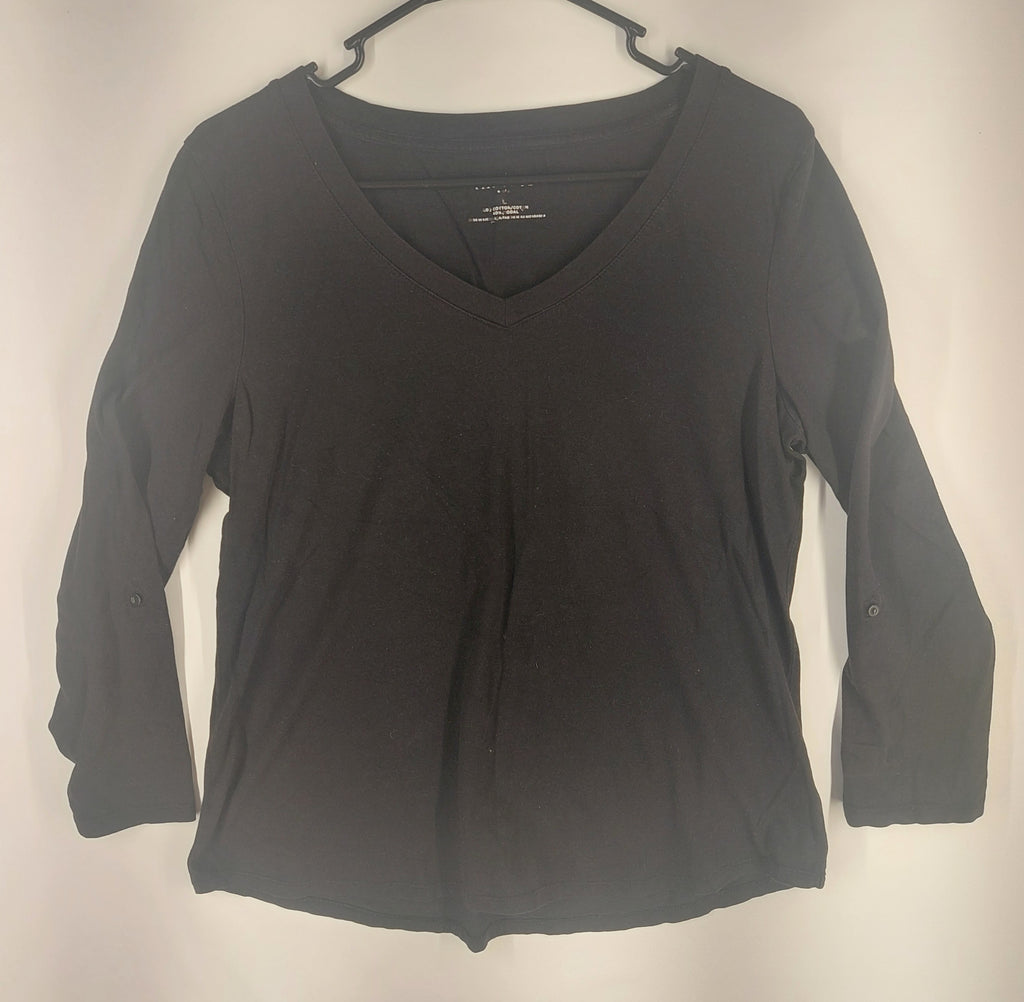 9-10 Talbots Size Large Black V-Neck 3/4 Sleeve 100% Cotton Top