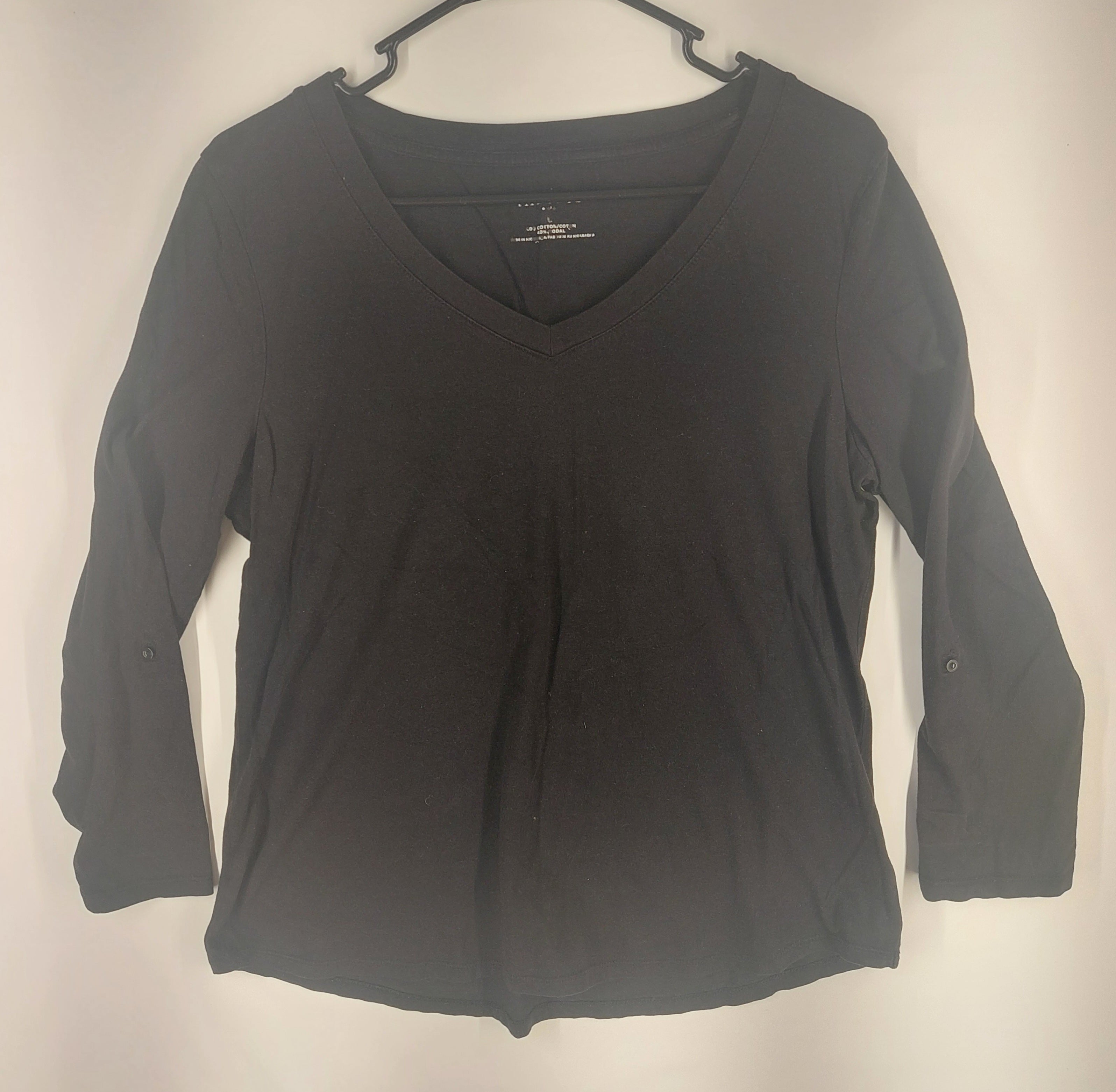 9-10 Talbots Size Large Black V-Neck 3/4 Sleeve 100% Cotton Top