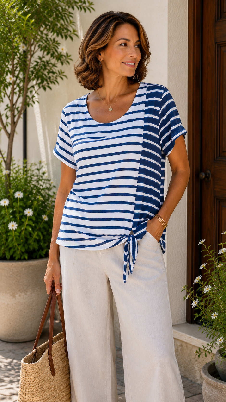 8 10 Weekends by Chico's Size XL 3 Blue White Striped Tie Front Knit Top Short Sleeve