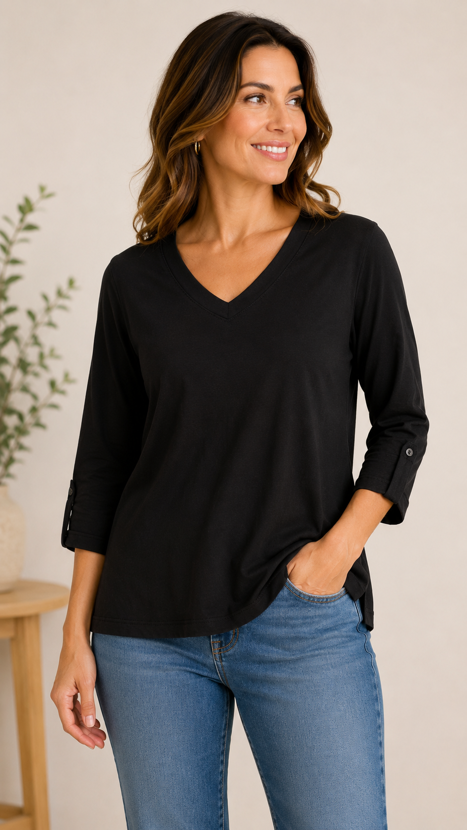 9-10 Talbots Size Large Black V-Neck 3/4 Sleeve 100% Cotton Top