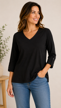 9-10 Talbots Size Large Black V-Neck 3/4 Sleeve 100% Cotton Top