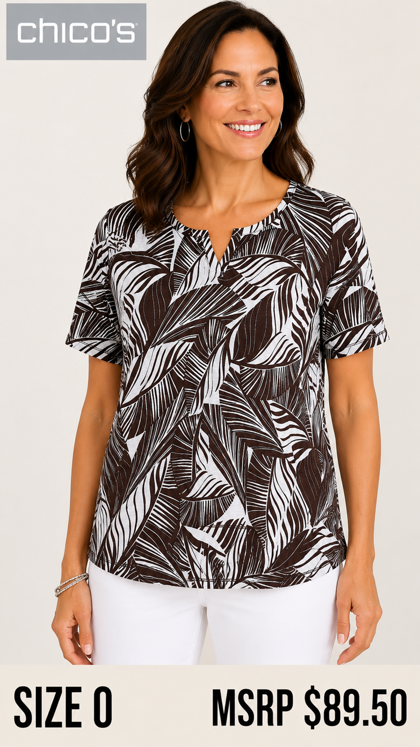 6 10 Chico's Brown White Tropical Leaf Print Knit Top Size 0 Small