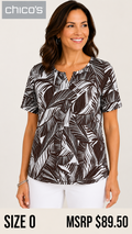 6 10 Chico's Brown White Tropical Leaf Print Knit Top Size 0 Small