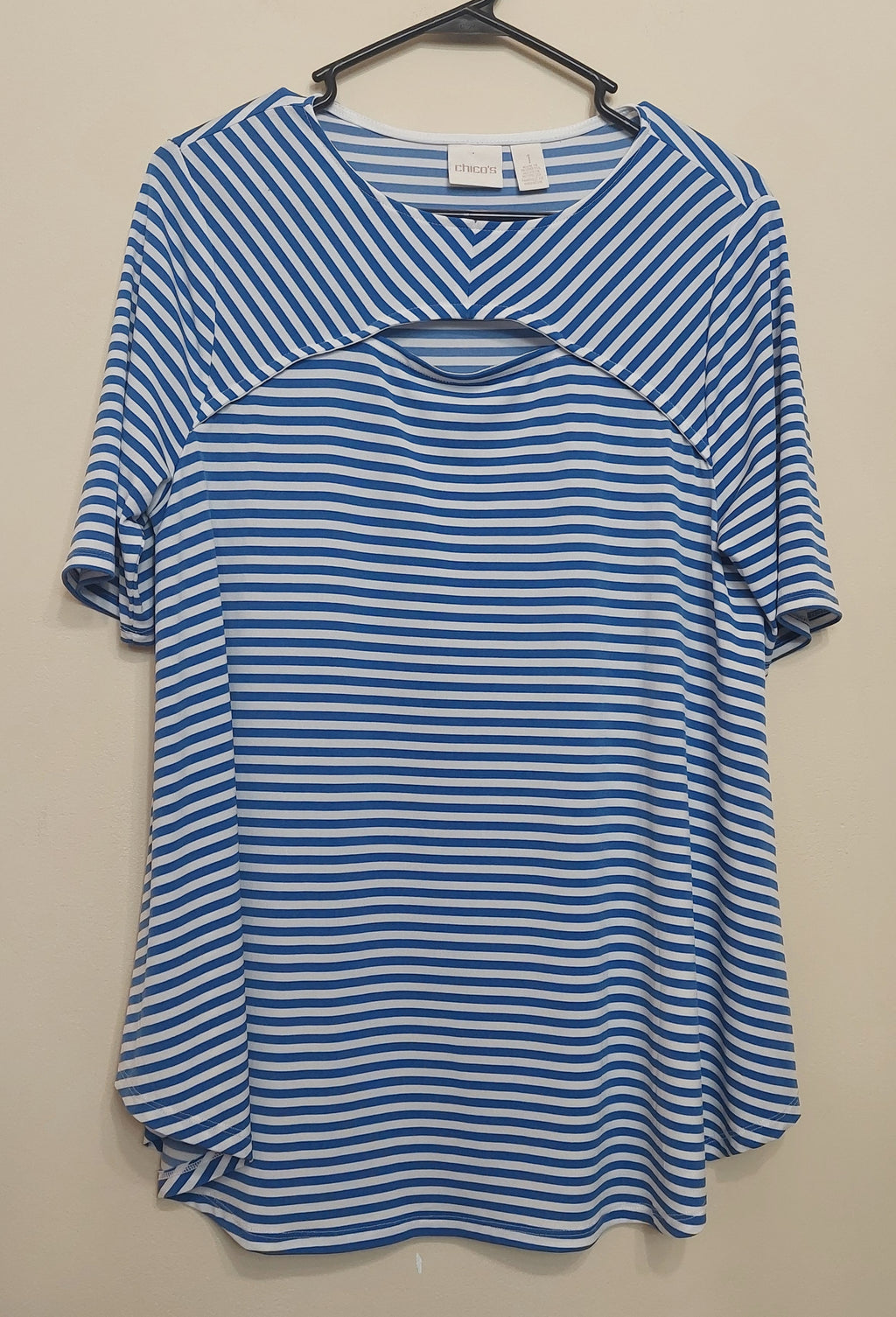 4 21 Chicos 1 Blue White Stripe Cutout Neck Top