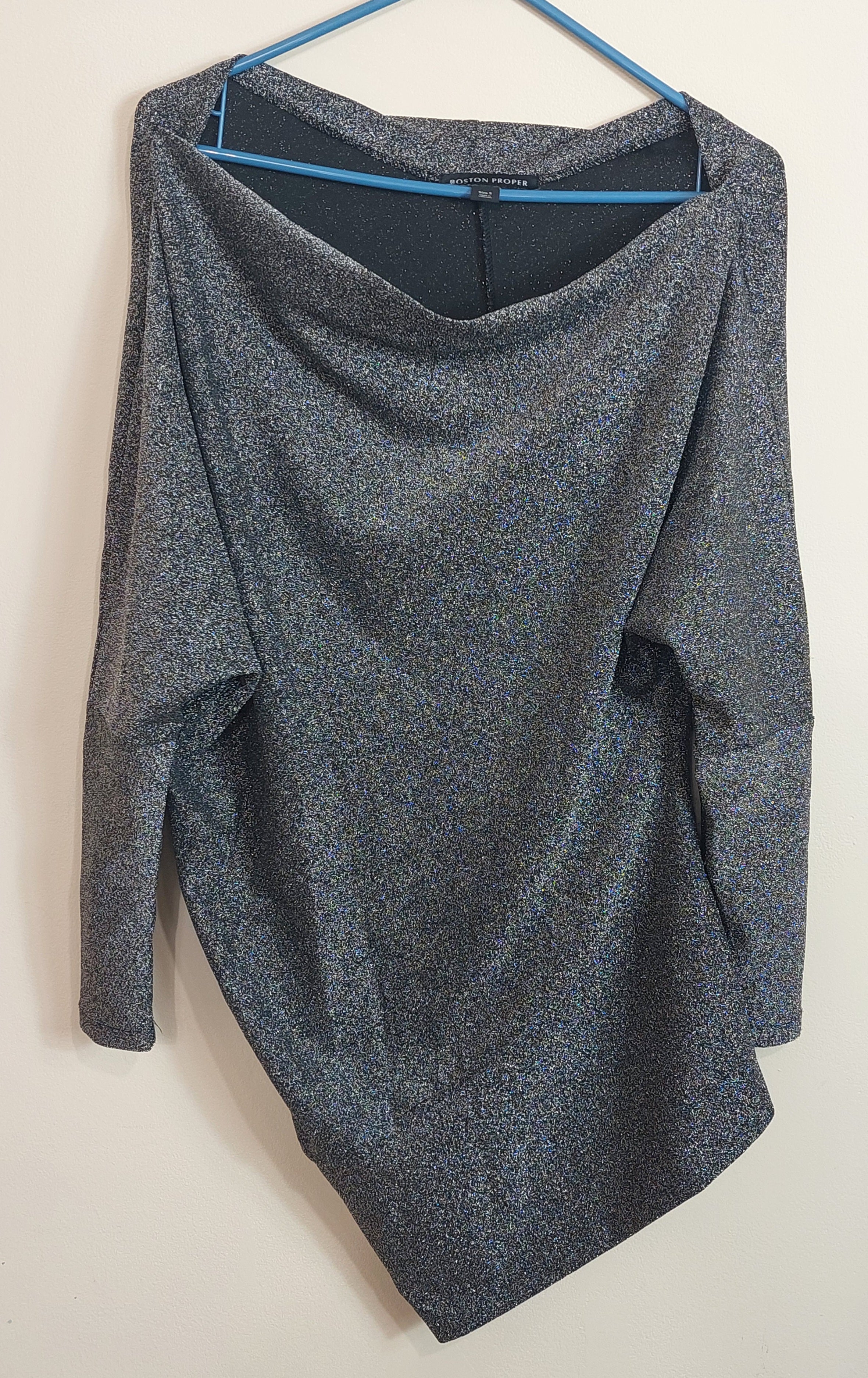 3 04 Boston Proper Size S Asymmetrical Tunic Top Black Silver Metallic Long Sleeve Draped Neck Sparkle Top Holiday Party Evening Wear