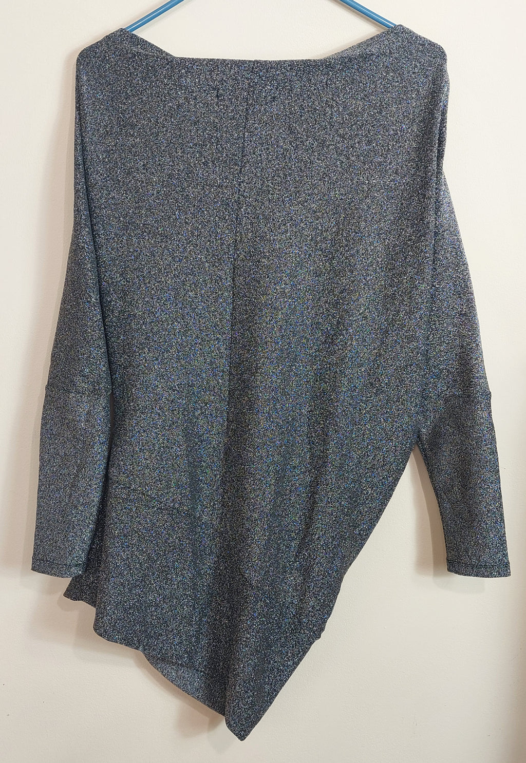 3 04 Boston Proper Size S Asymmetrical Tunic Top Black Silver Metallic Long Sleeve Draped Neck Sparkle Top Holiday Party Evening Wear