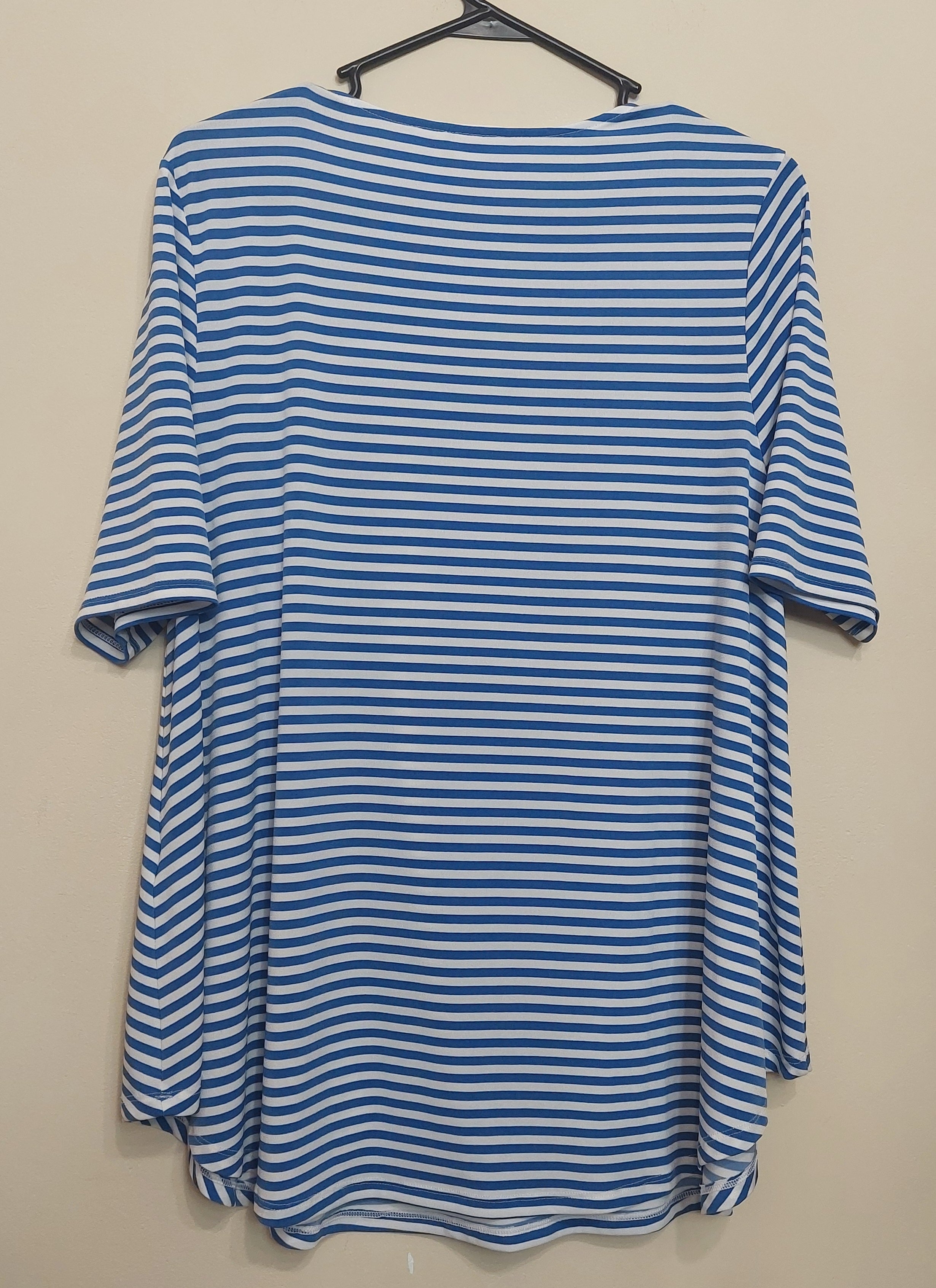 4 21 Chicos 1 Blue White Stripe Cutout Neck Top