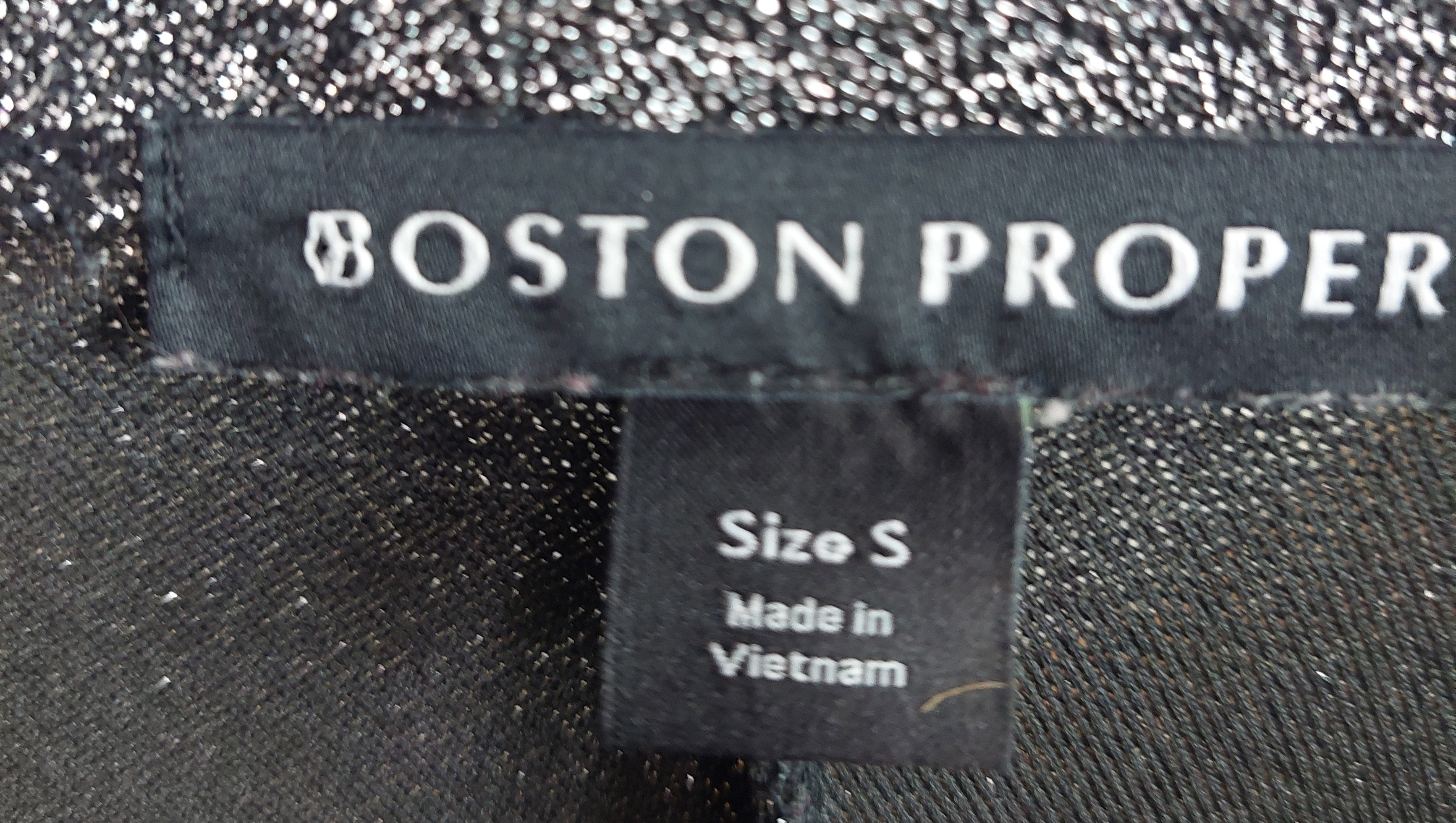 3 04 Boston Proper Size S Asymmetrical Tunic Top Black Silver Metallic Long Sleeve Draped Neck Sparkle Top Holiday Party Evening Wear