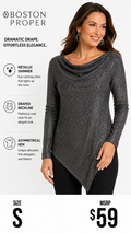 3 04 Boston Proper Size S Asymmetrical Tunic Top Black Silver Metallic Long Sleeve Draped Neck Sparkle Top Holiday Party Evening Wear