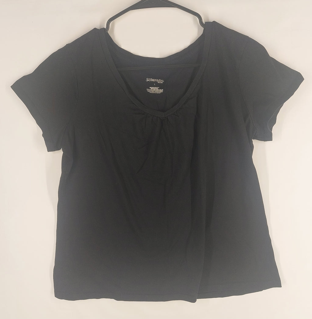9-11 St. John’s Bay Size L Black Short Sleeve Gathered V-Neck Cotton Modal Top
