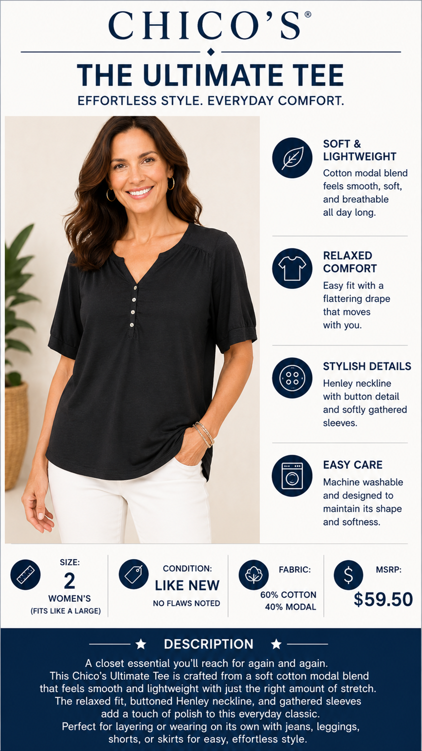 2 19 Chicos Black Tee with button front Size 2