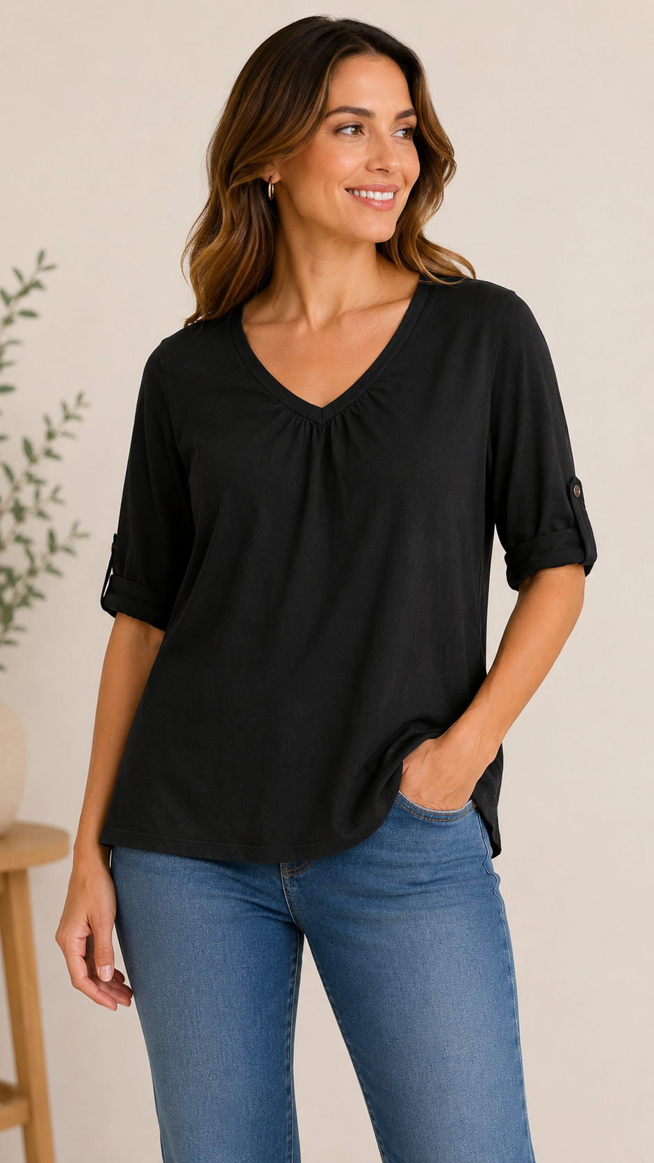 9-11 St. John’s Bay Size L Black Short Sleeve Gathered V-Neck Cotton Modal Top