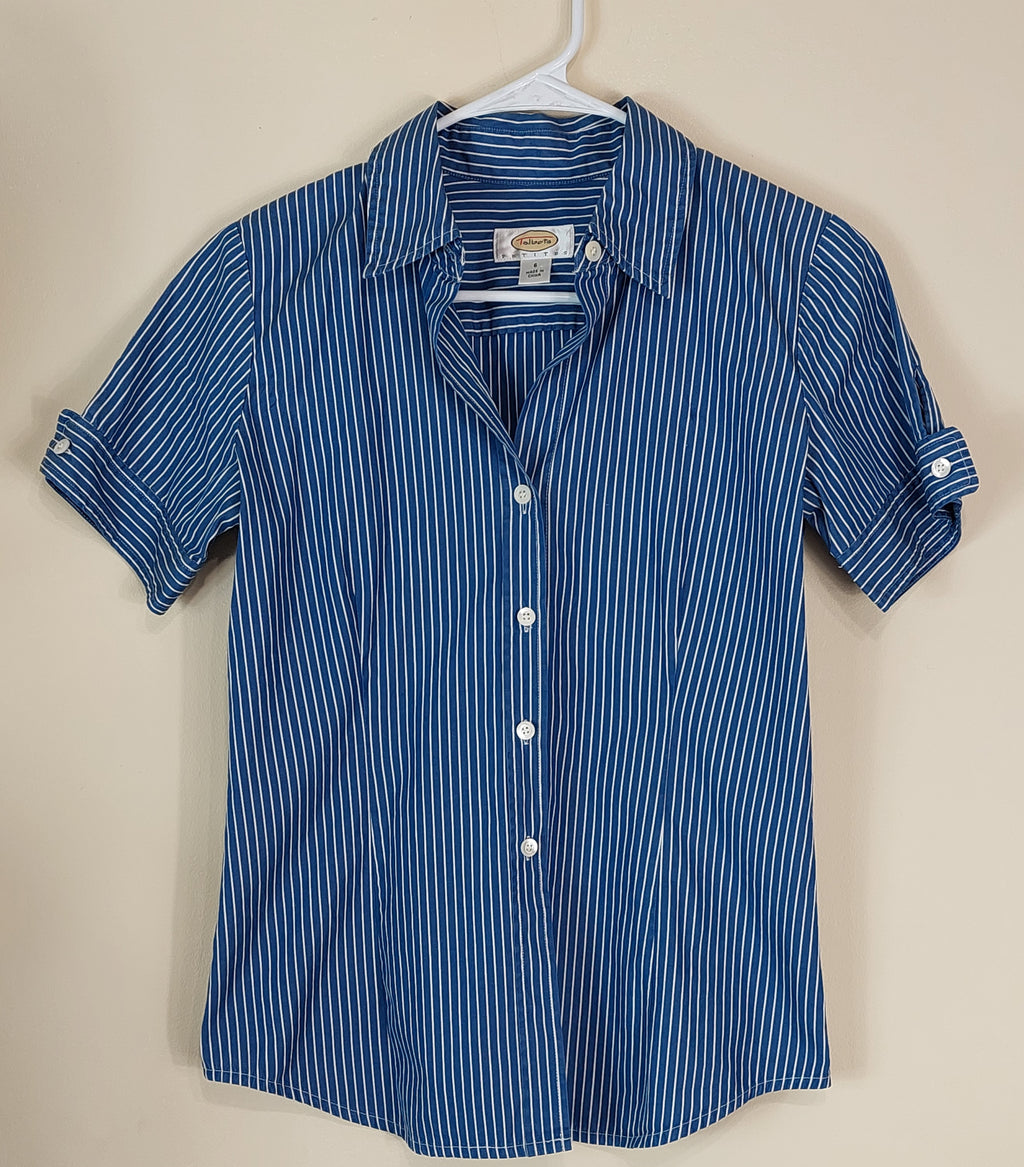 1 14 Talbots Blue Striped Button Up Blouse short Sleeve Size 6