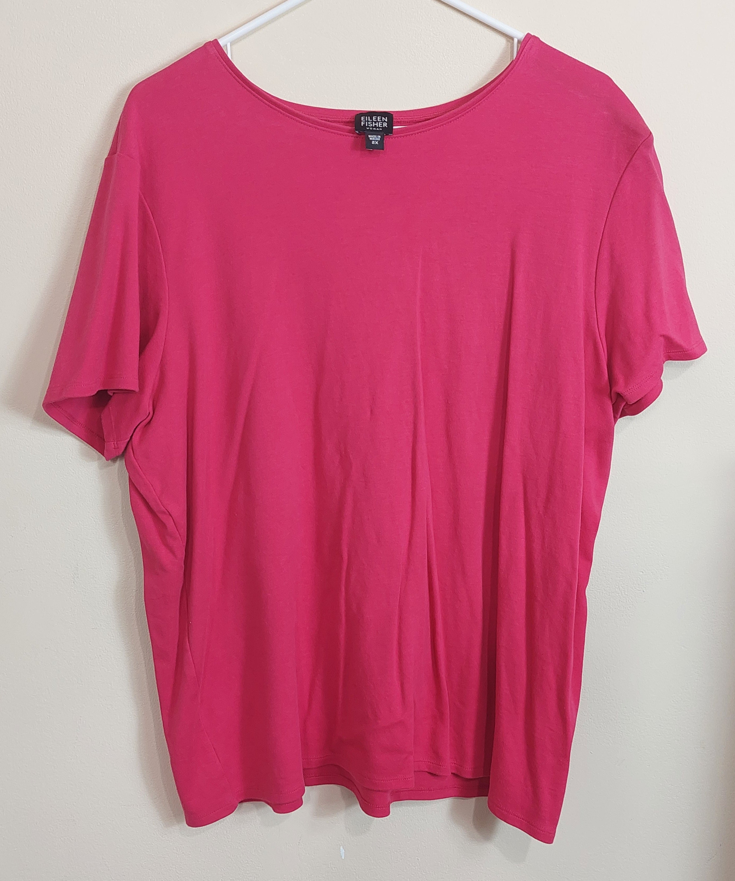 3 42 Eileen Fisher 2X Short Sleeve Tee Fuchsia Pink Solid Knit Relaxed Fit Luxury Basic