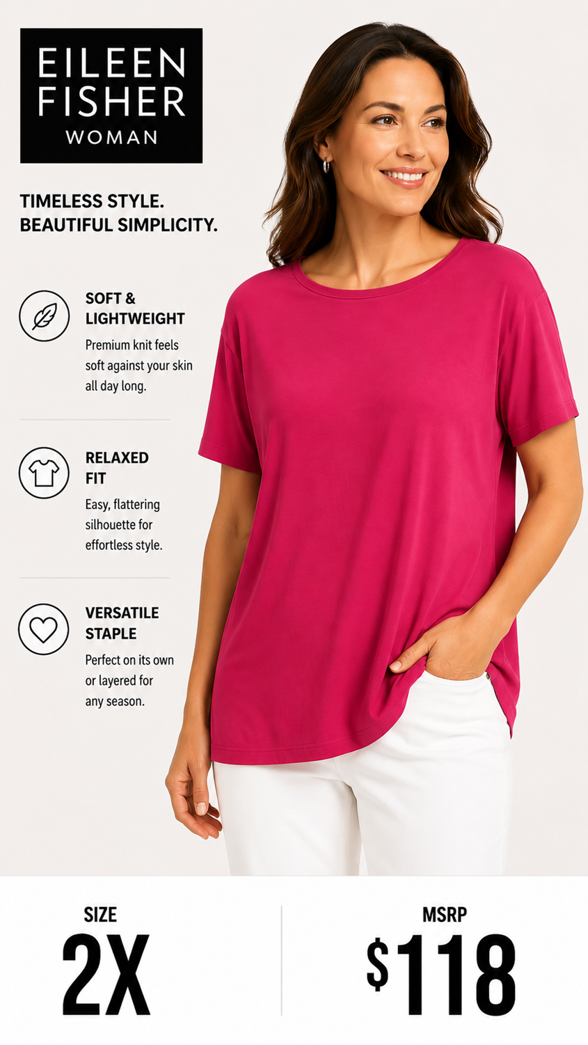 3 42 Eileen Fisher 2X Short Sleeve Tee Fuchsia Pink Solid Knit Relaxed Fit Luxury Basic