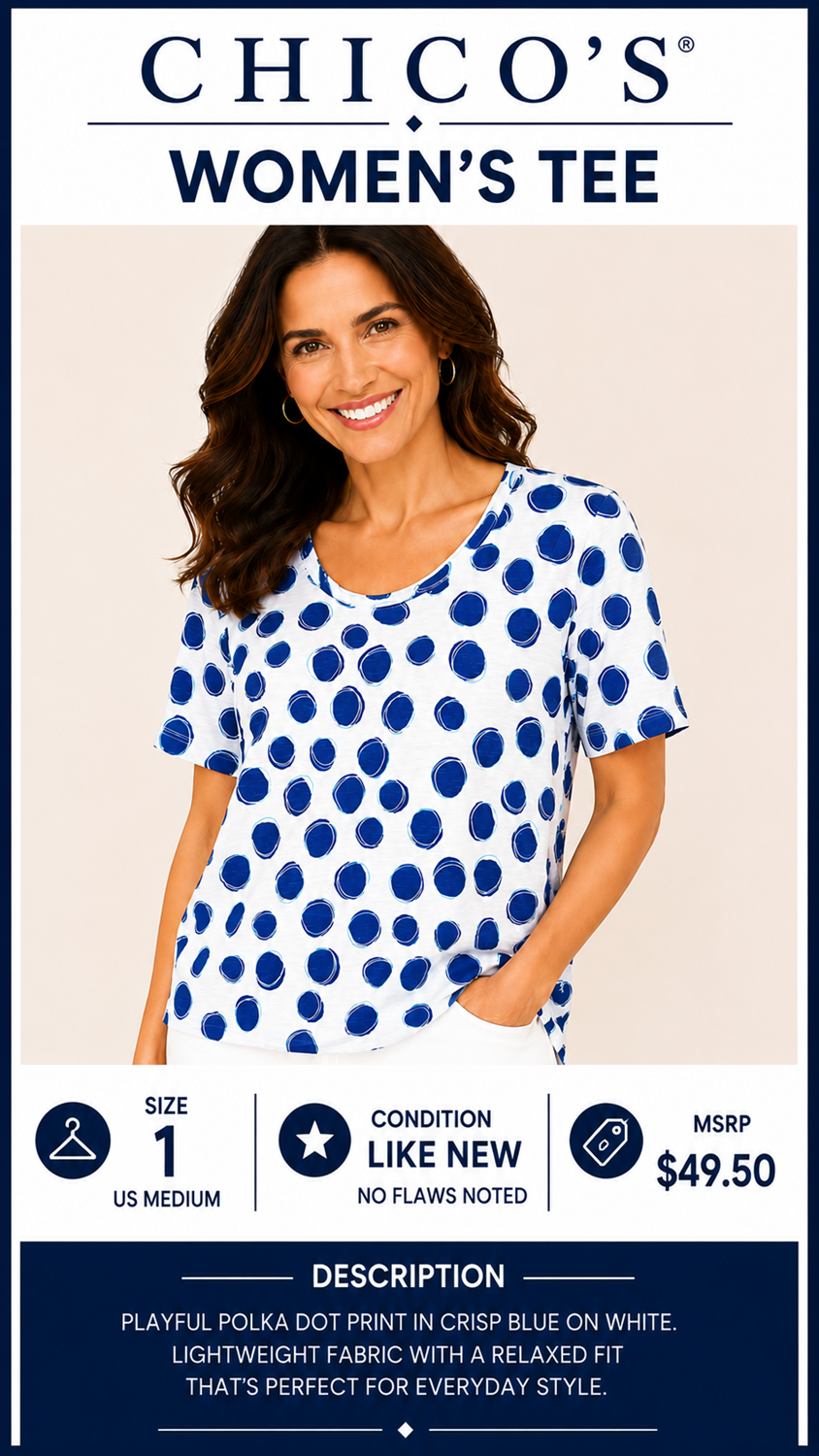 2 12 Chicos Blue Poka Dot Tee Size 1