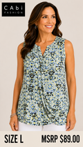 6 12 CAbi L Sleeveless Geometric Print Drape Front Knit Top