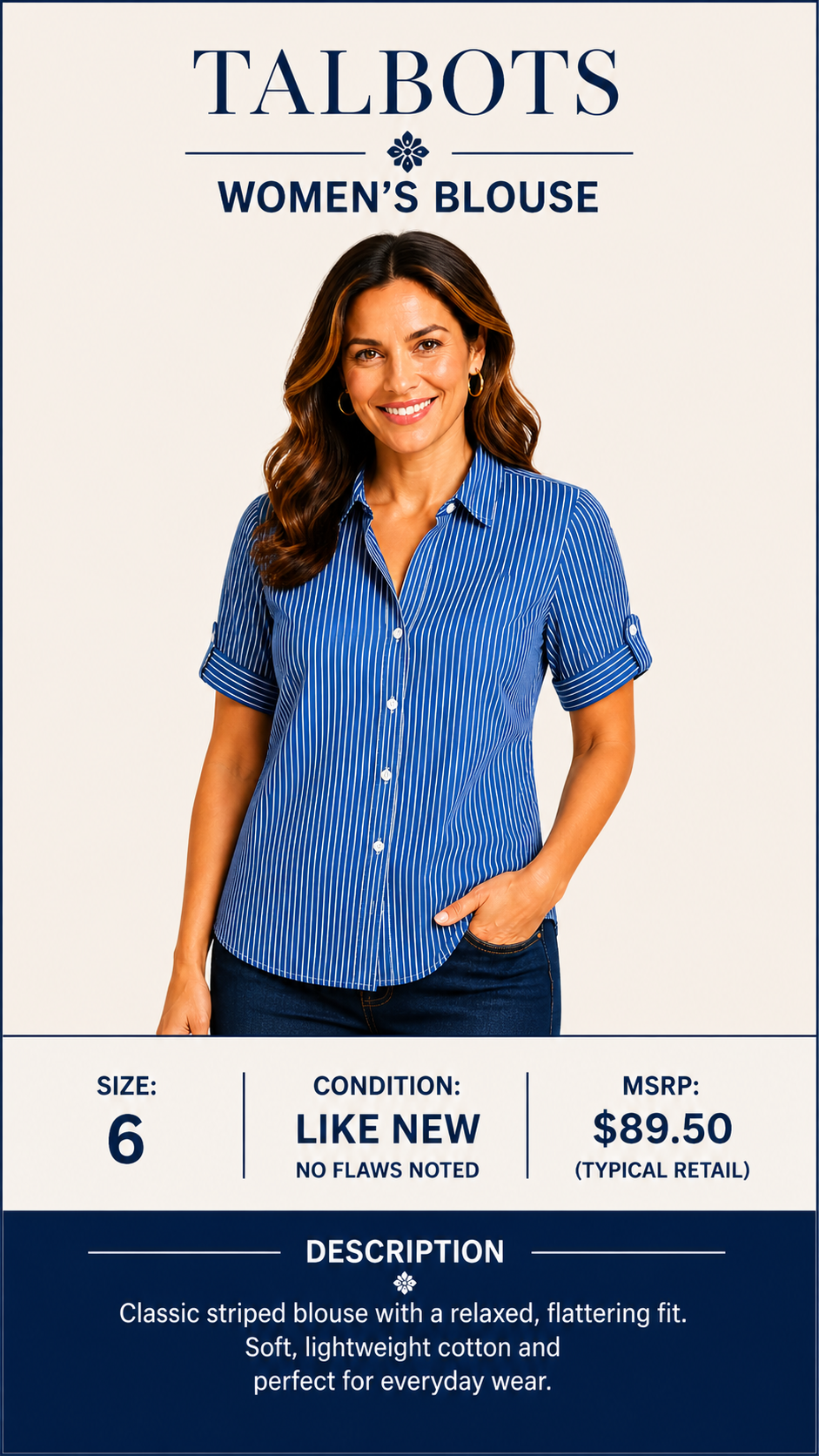 1 14 Talbots Blue Striped Button Up Blouse short Sleeve Size 6