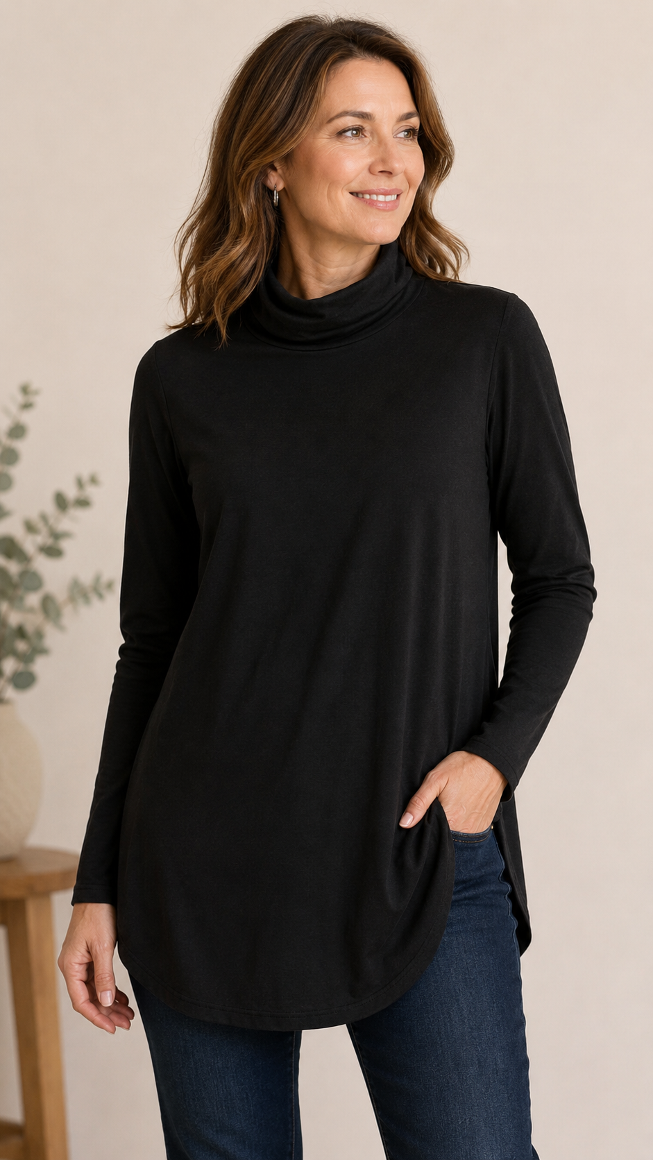 9-12 J.Jill Size Large Black Luxe Supima Shirttail Turtleneck Tunic Top