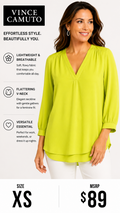 3 33 Vince Camuto XS Blouse Lime Green V Neck Hi Low Hem Roll Tab Sleeve
