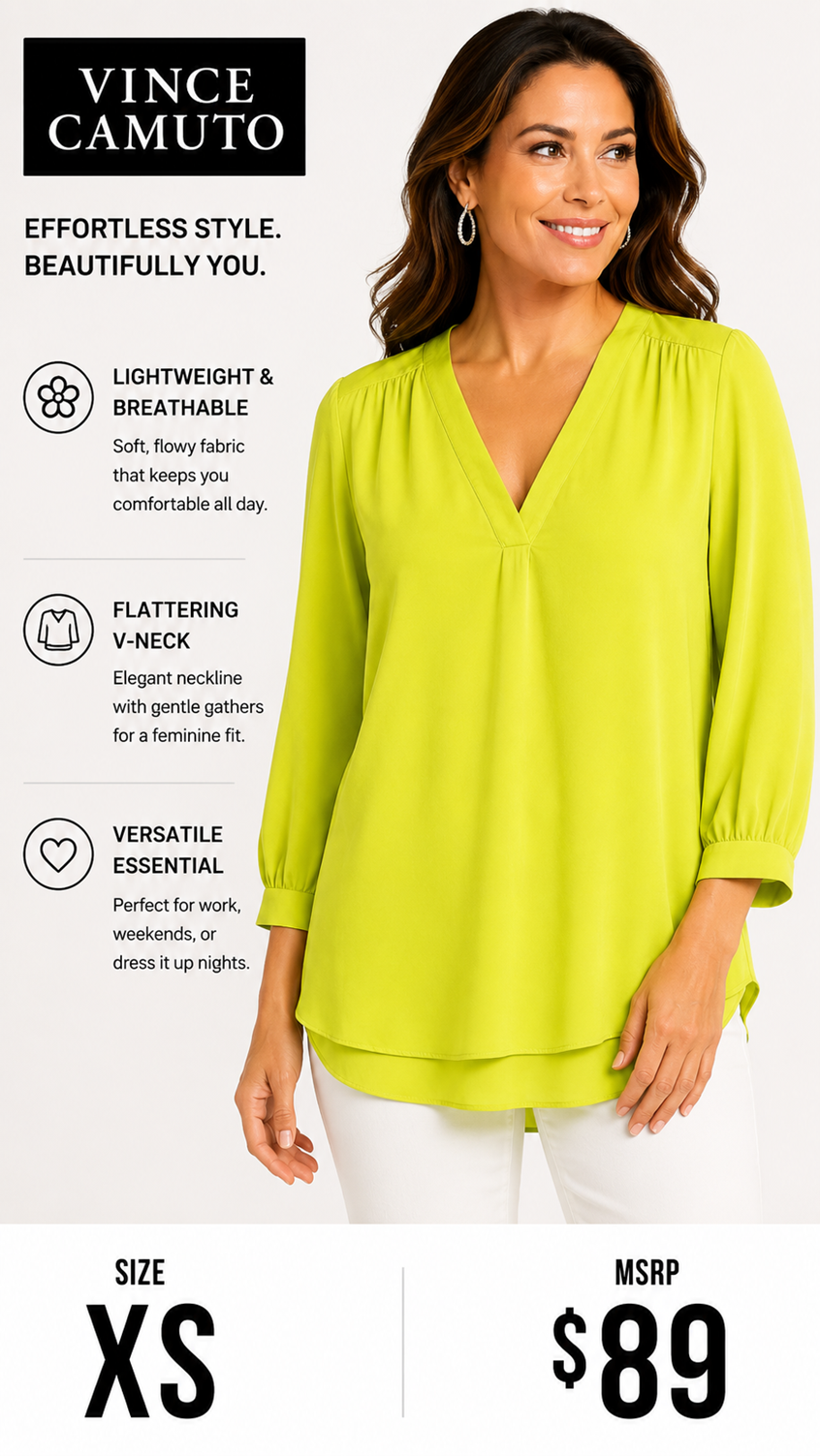 3 33 Vince Camuto XS Blouse Lime Green V Neck Hi Low Hem Roll Tab Sleeve