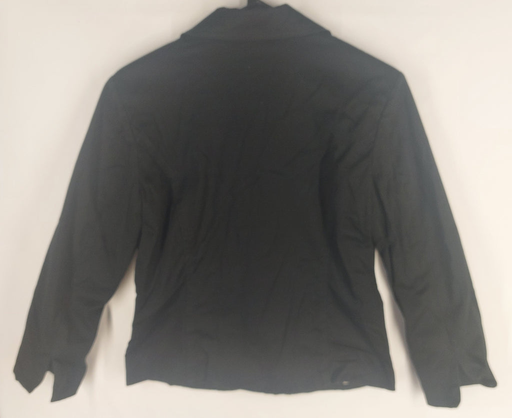 9-13 Chico’s Size Small Black Blazer Jacket Leopard Print Lining Cotton Stretch