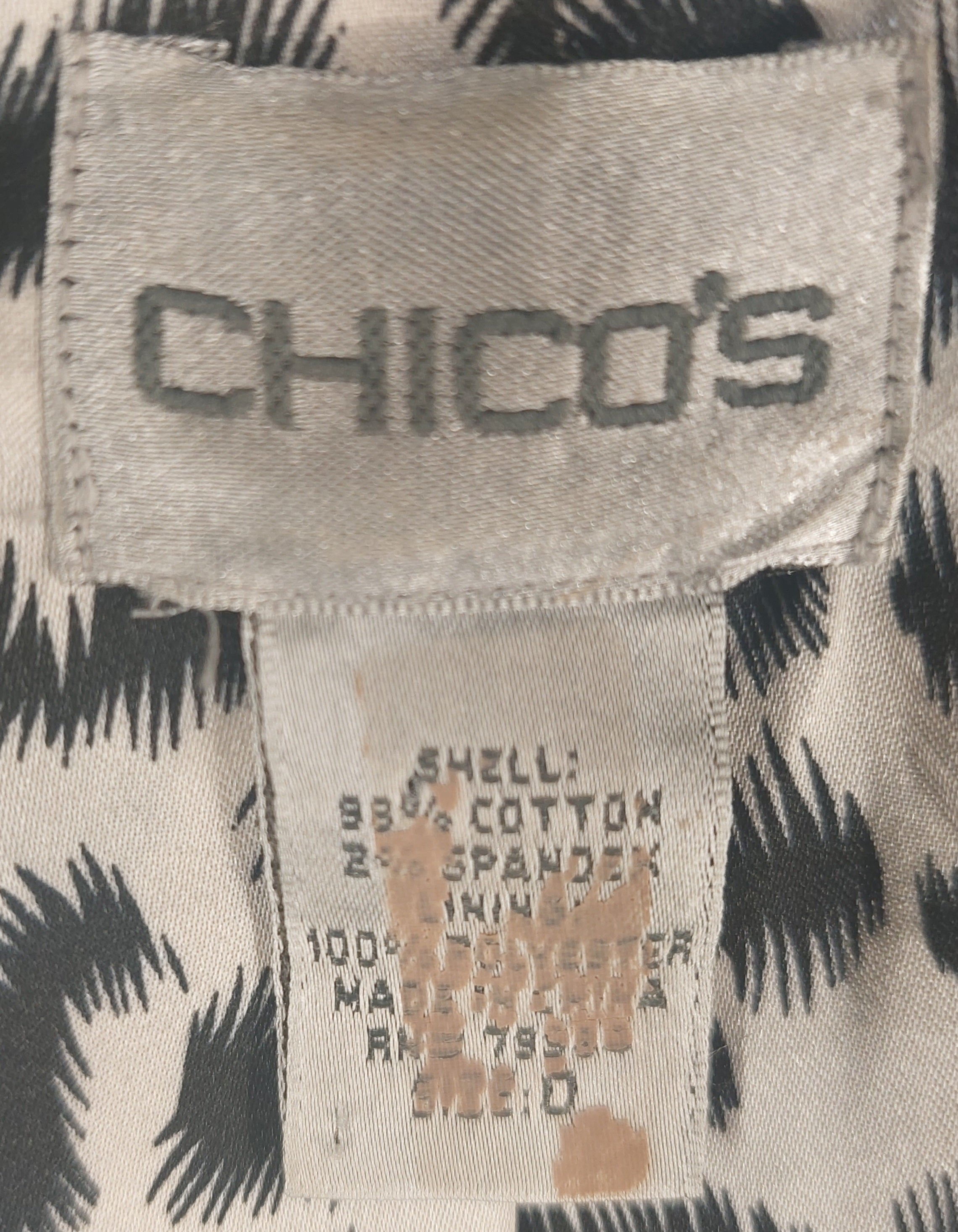 9-13 Chico’s Size Small Black Blazer Jacket Leopard Print Lining Cotton Stretch