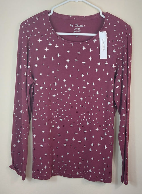 2 08 Chicos Maroon with Stars Long Sleeve Size 1 New with tags