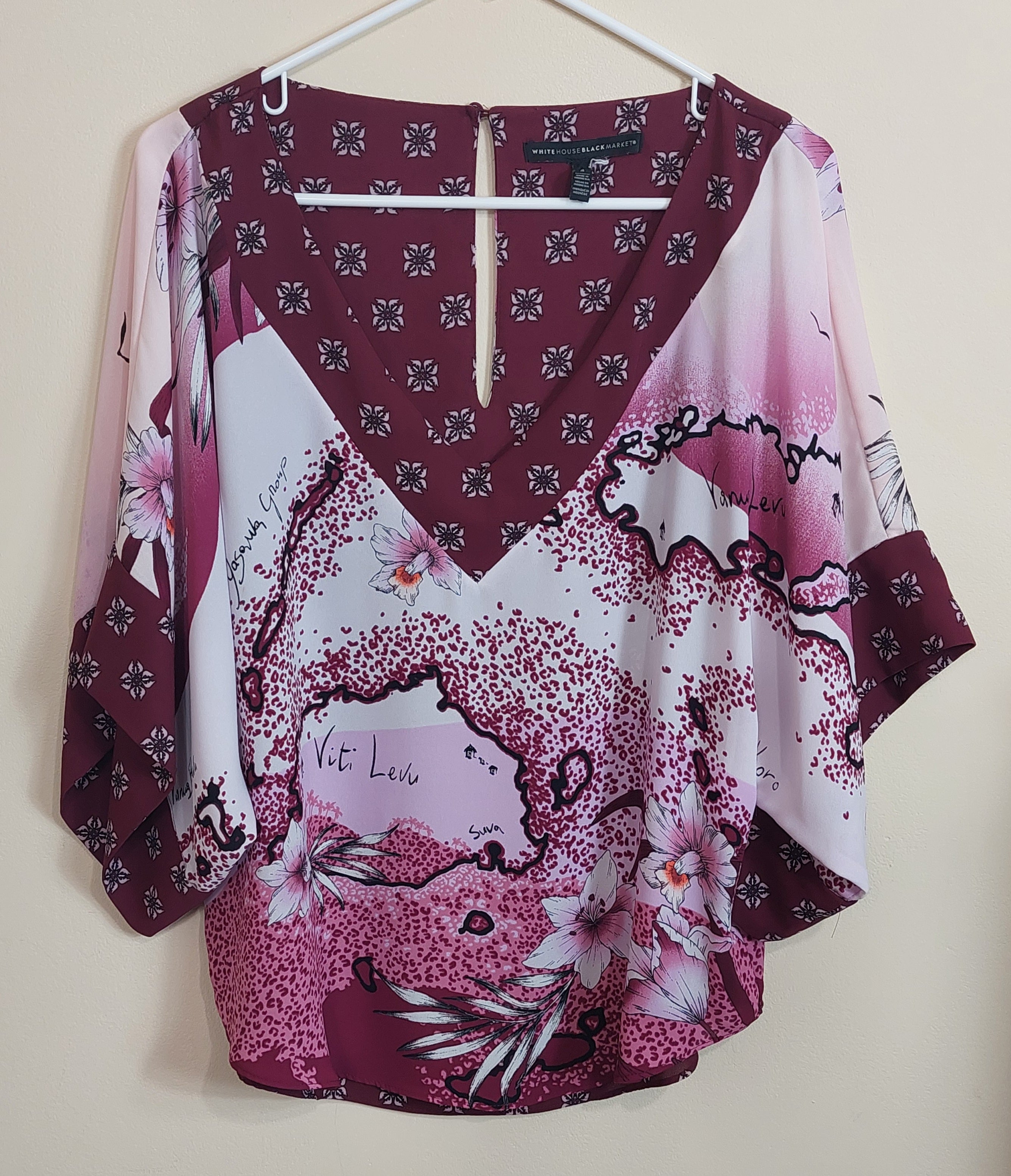 3 32 White House Black Market Size S Blouse Burgundy Pink White Floral Tropical Print V Neck Dolman Sleeve
