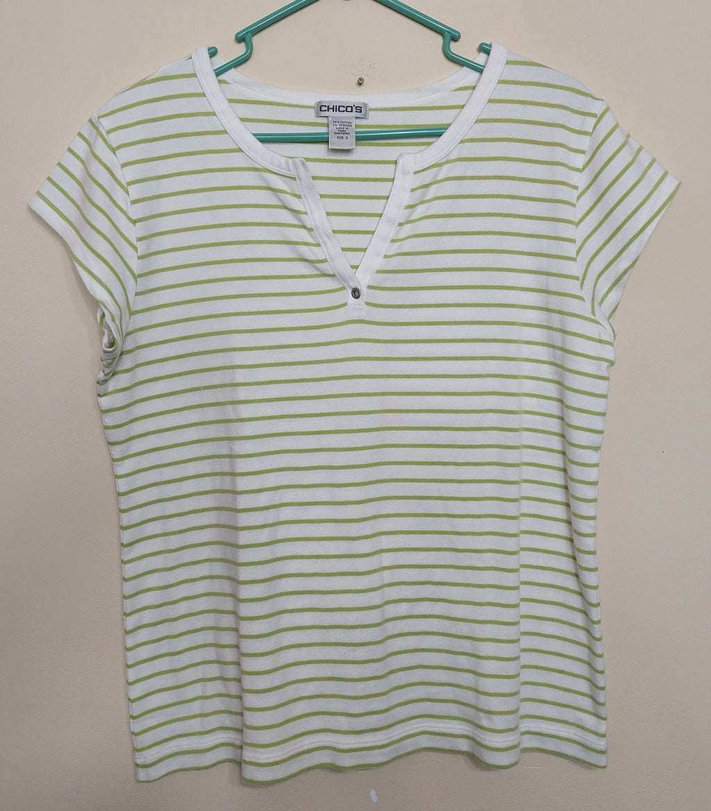 6 14 Chico's 2 White Green Stripe Split Neck Short Sleeve Cotton Top