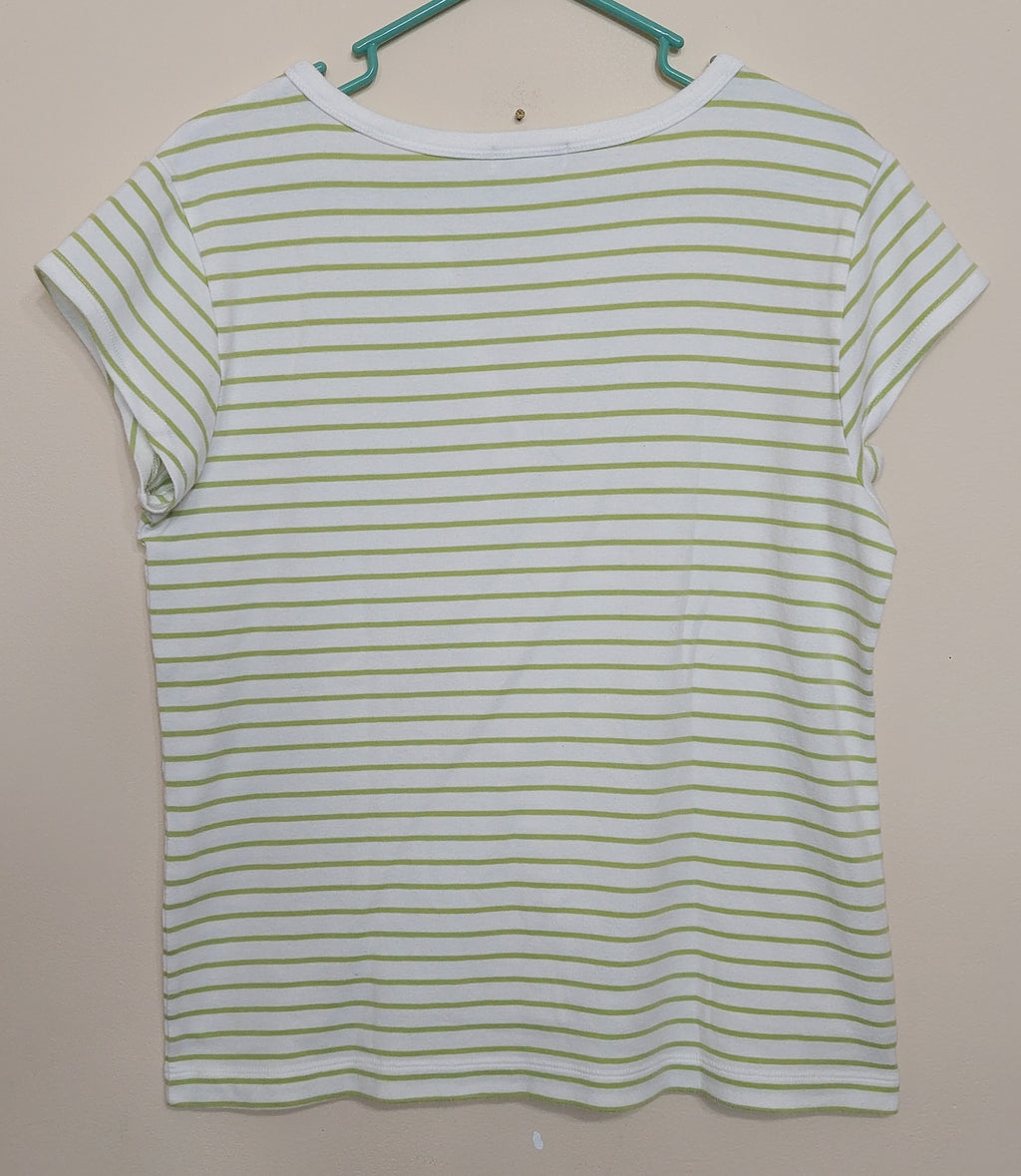 6 14 Chico's 2 White Green Stripe Split Neck Short Sleeve Cotton Top
