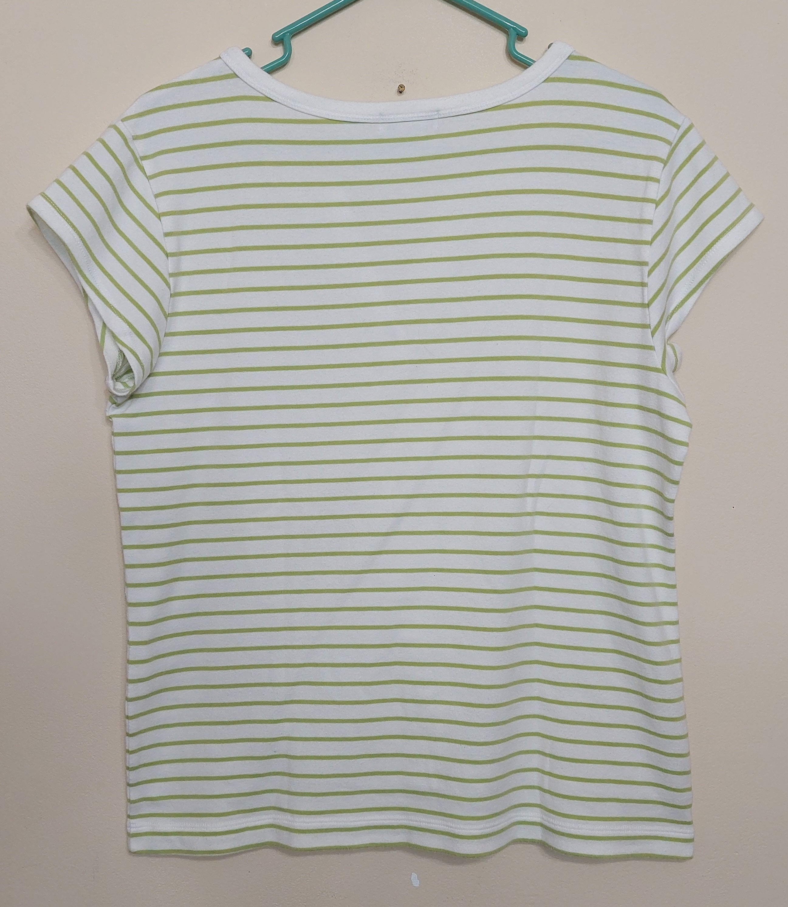 6 14 Chico's 2 White Green Stripe Split Neck Short Sleeve Cotton Top