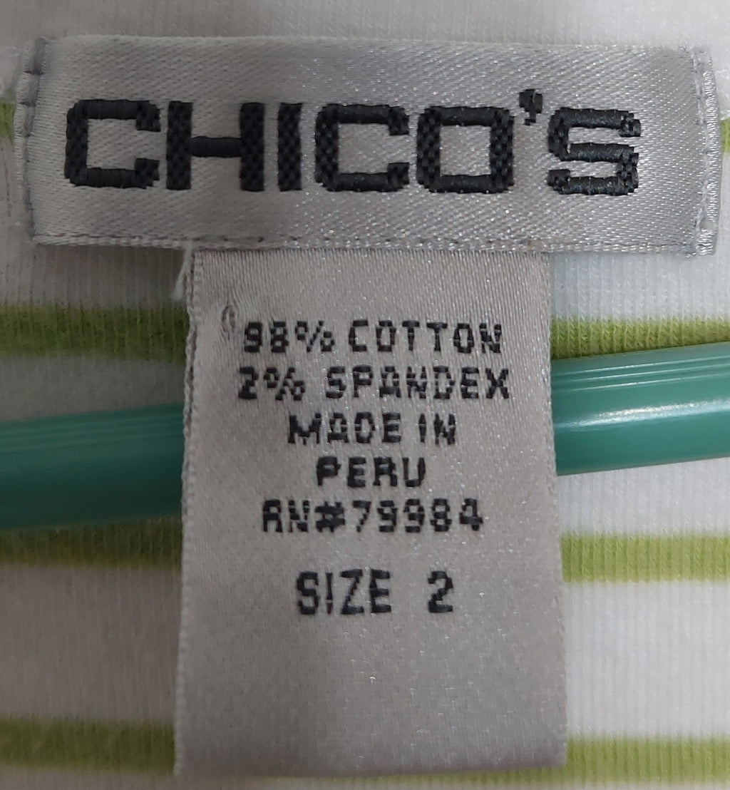 6 14 Chico's 2 White Green Stripe Split Neck Short Sleeve Cotton Top