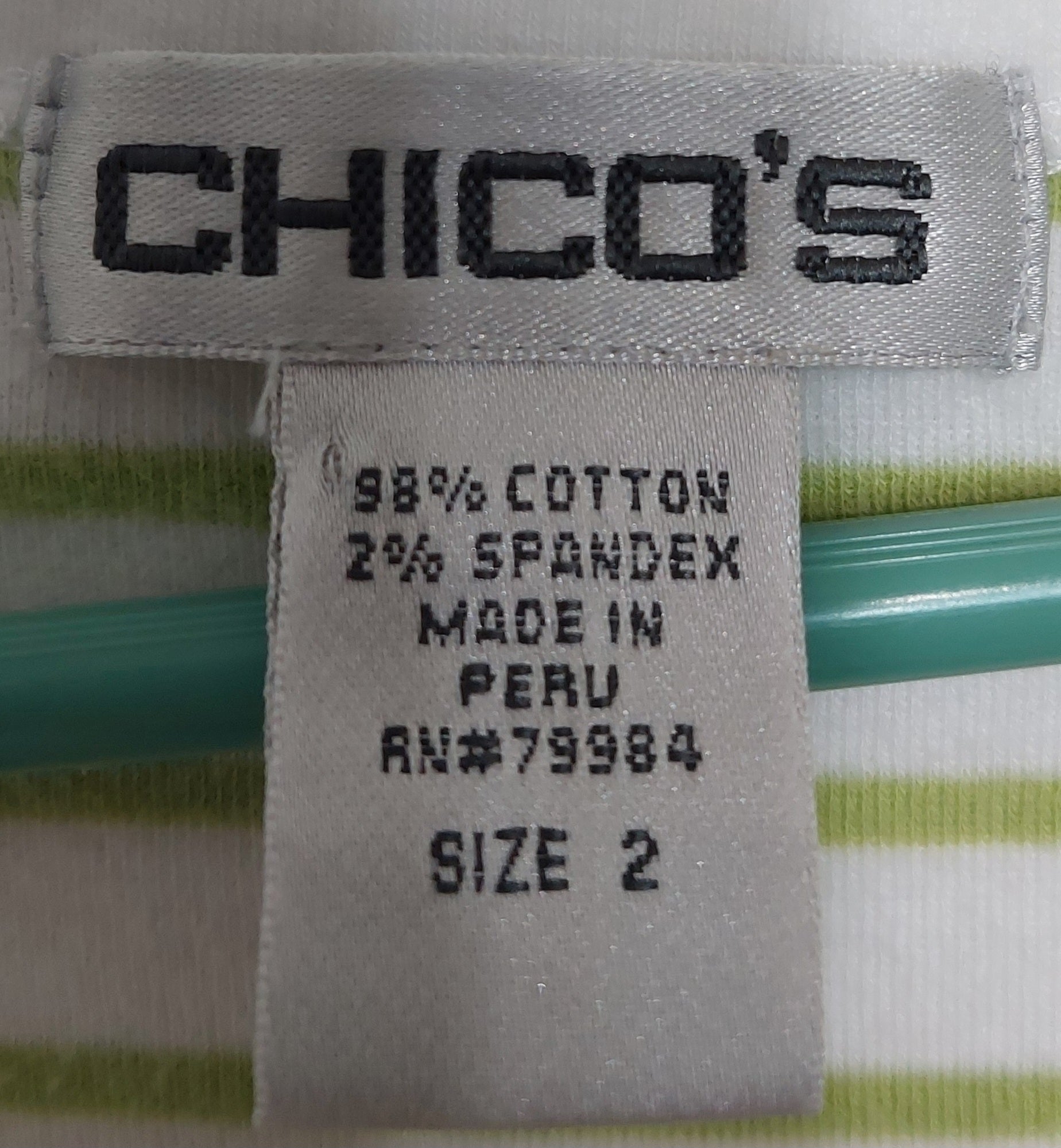 6 14 Chico's 2 White Green Stripe Split Neck Short Sleeve Cotton Top