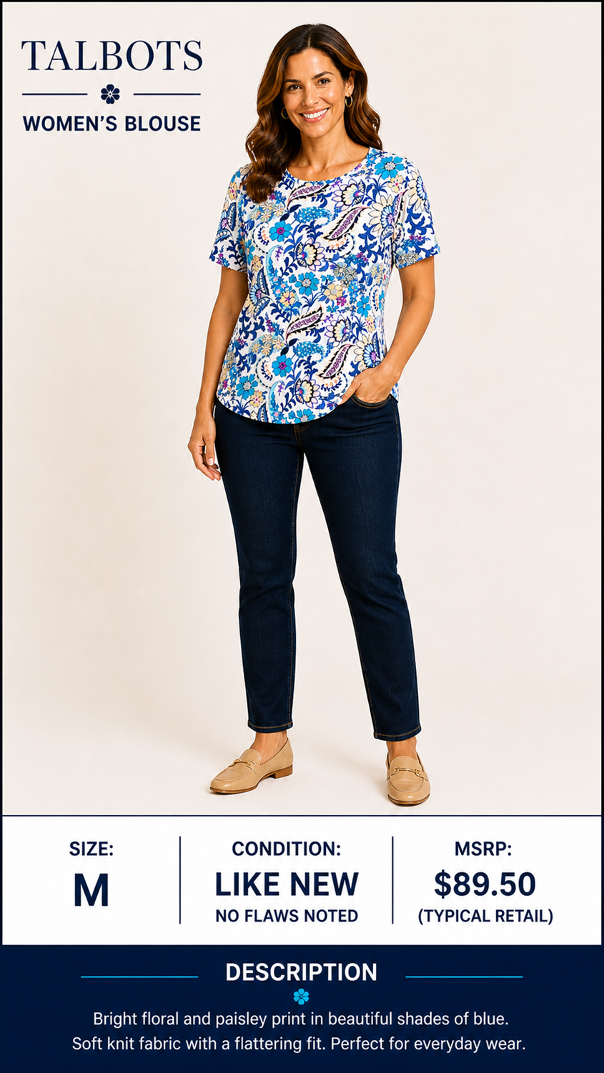 1 17 Talbots Mixed Blue Color Short Sleeve Blouse Size Medium