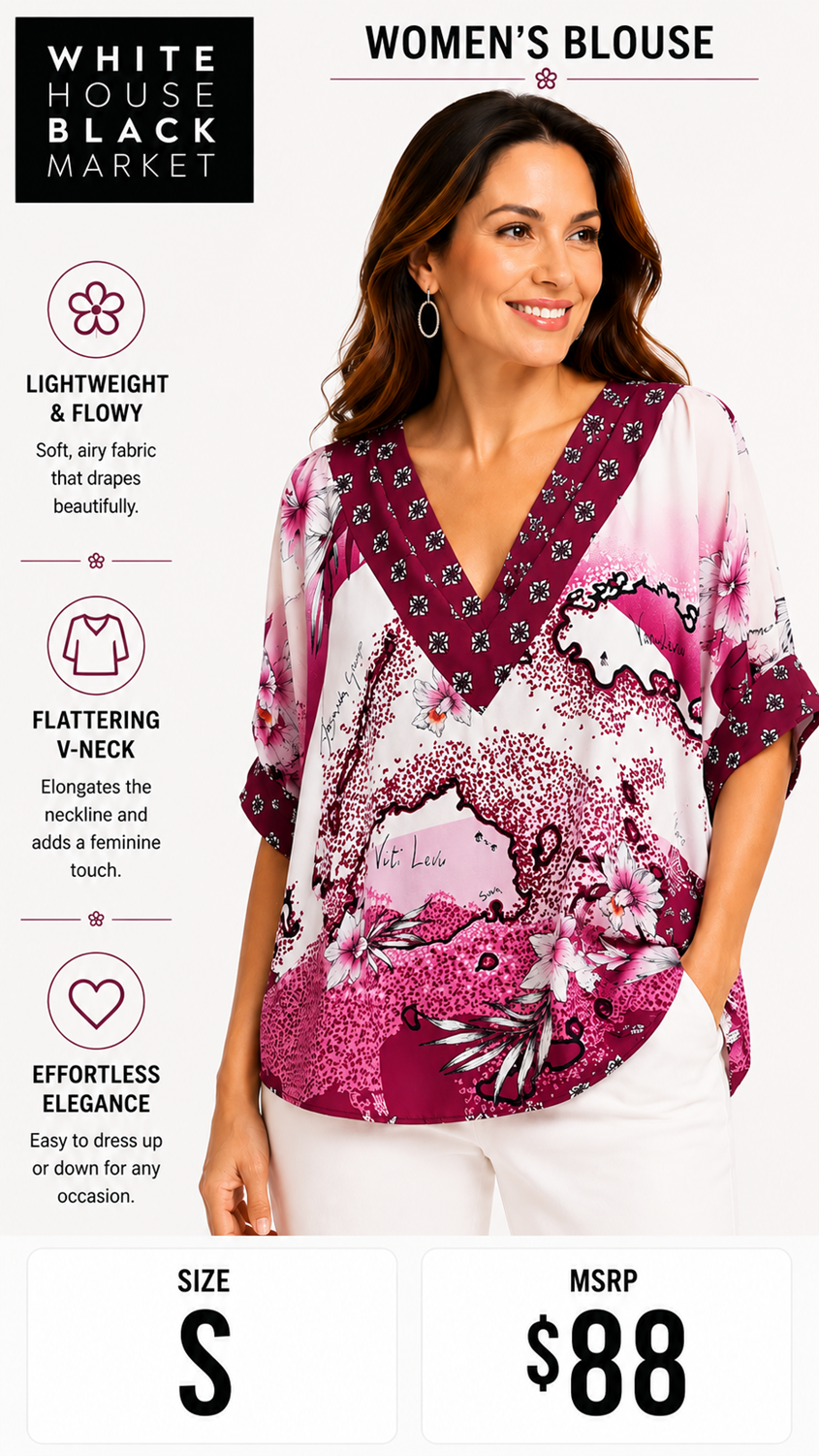 3 32 White House Black Market Size S Blouse Burgundy Pink White Floral Tropical Print V Neck Dolman Sleeve