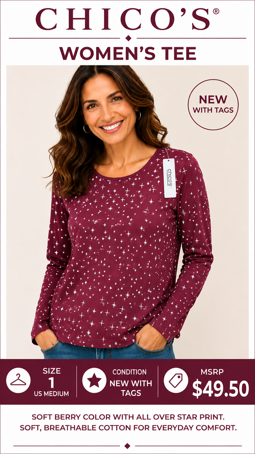 2 08 Chicos Maroon with Stars Long Sleeve Size 1 New with tags
