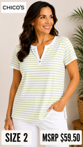 6 14 Chico's 2 White Green Stripe Split Neck Short Sleeve Cotton Top