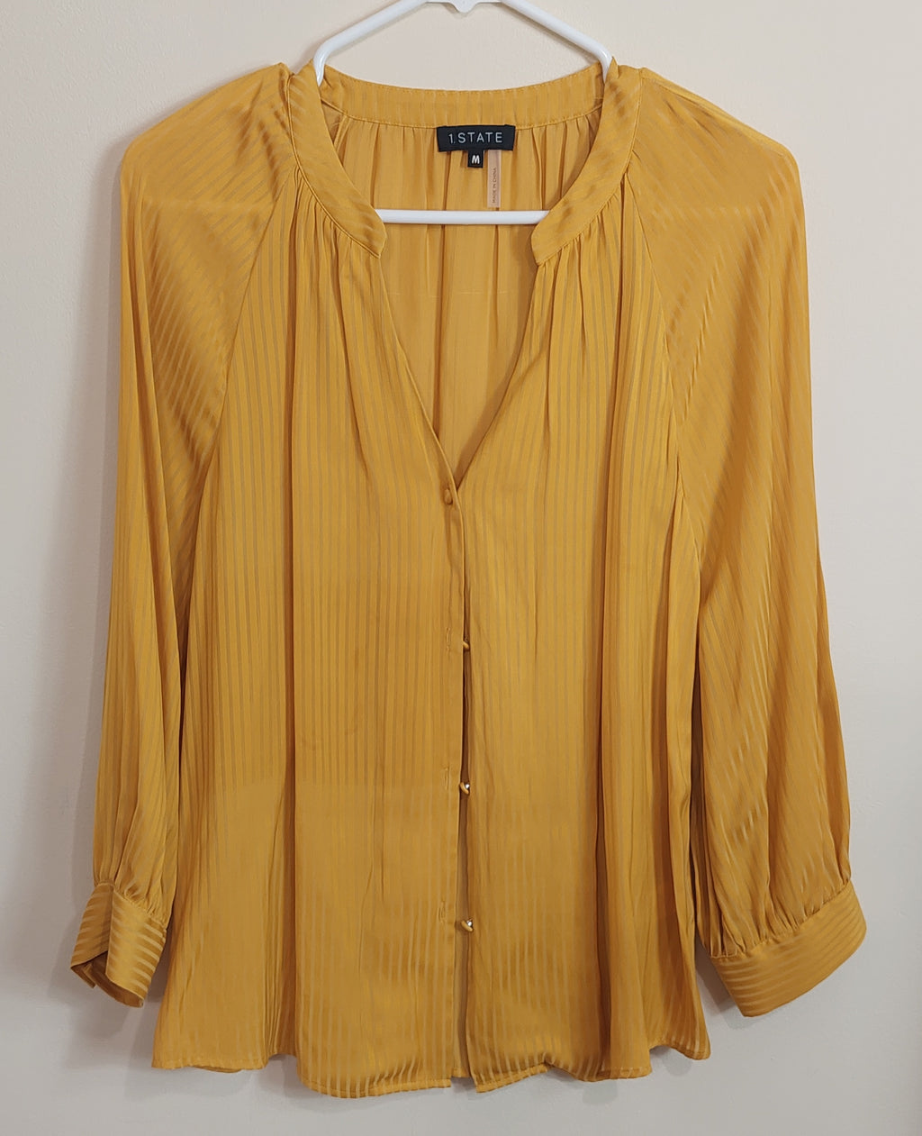 3 28 1.STATE M Blouse Mustard Yellow Vertical Stripe Texture  Button Front Long Sleeve  Elegant Career to Casual Style