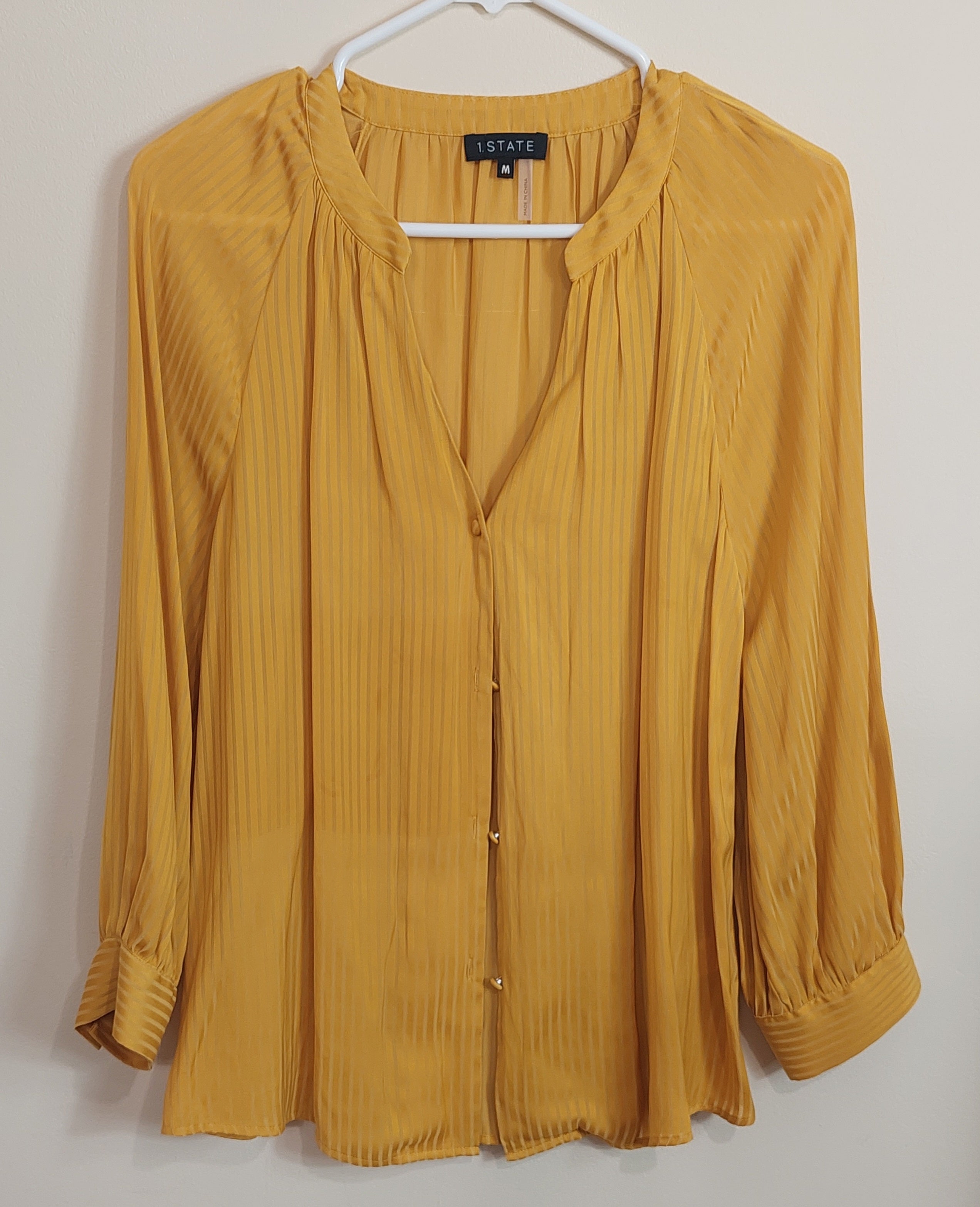 3 28 1.STATE M Blouse Mustard Yellow Vertical Stripe Texture  Button Front Long Sleeve  Elegant Career to Casual Style