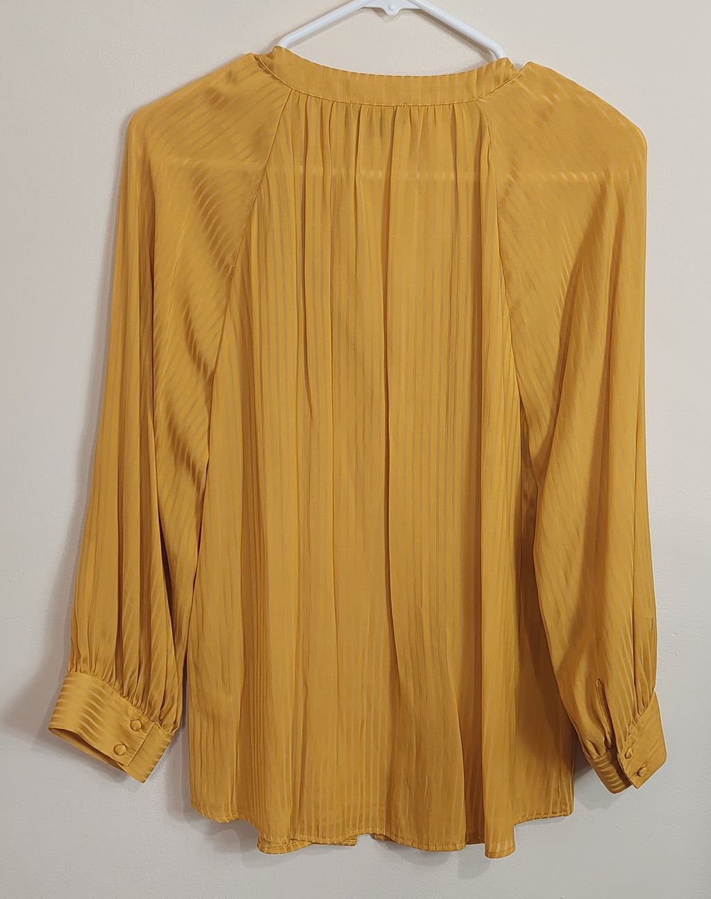 3 28 1.STATE M Blouse Mustard Yellow Vertical Stripe Texture  Button Front Long Sleeve  Elegant Career to Casual Style