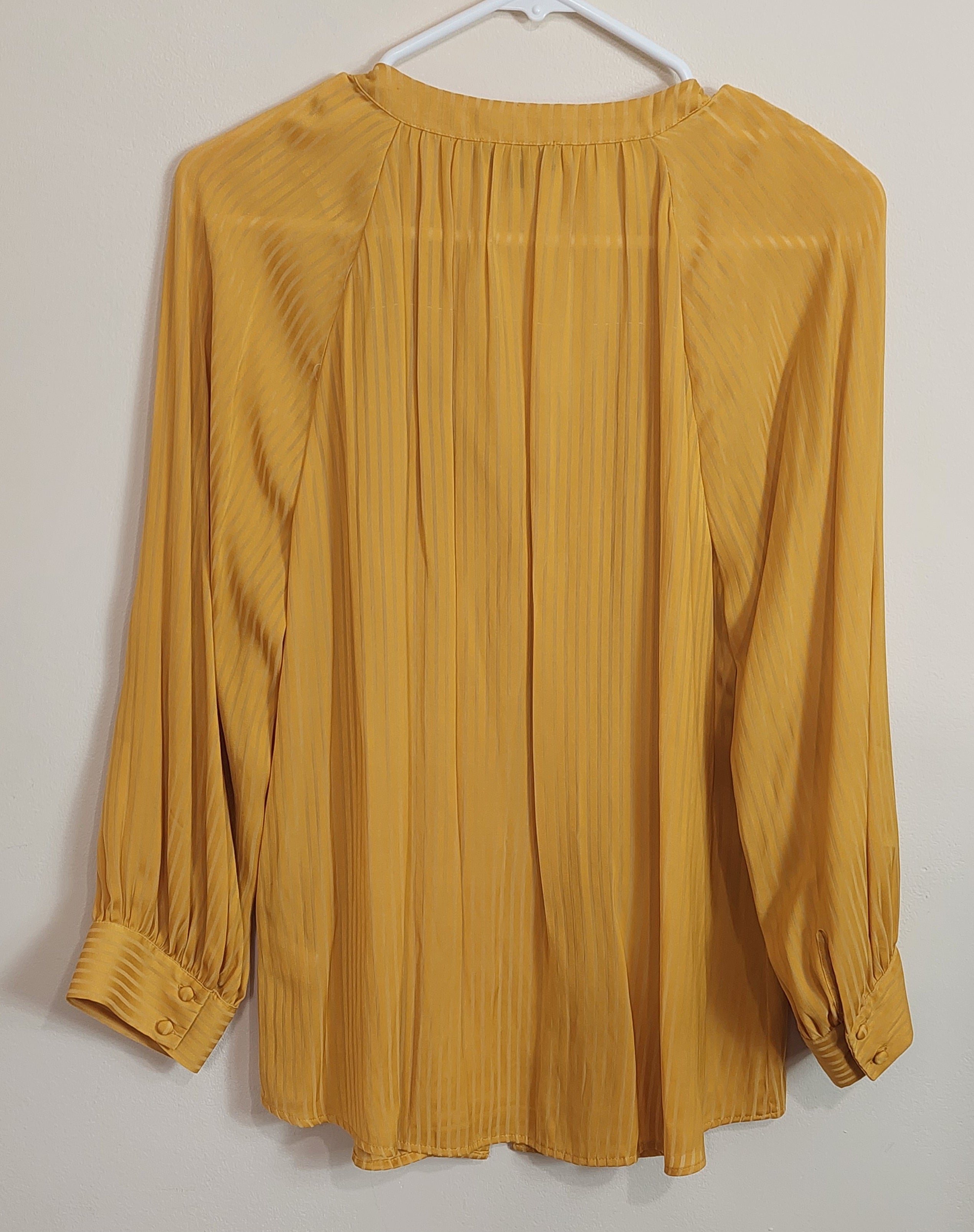 3 28 1.STATE M Blouse Mustard Yellow Vertical Stripe Texture  Button Front Long Sleeve  Elegant Career to Casual Style