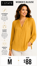 3 28 1.STATE M Blouse Mustard Yellow Vertical Stripe Texture  Button Front Long Sleeve  Elegant Career to Casual Style