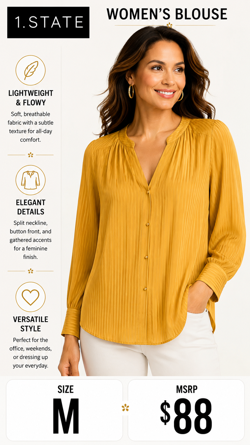 3 28 1.STATE M Blouse Mustard Yellow Vertical Stripe Texture  Button Front Long Sleeve  Elegant Career to Casual Style