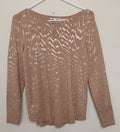 8 15 Chico's Size Small Tan Silver Metallic Animal Print Sweater Knit Top