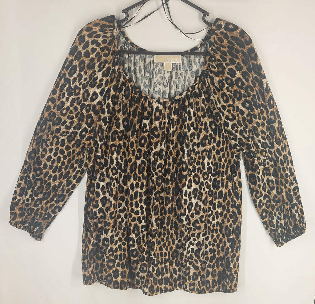 9-15 Michael Kors Large Leopard Print Peasant Blouse 3/4 Sleeve Animal Print
